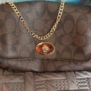 Coach Dark Brown Signature Shoulder Bag with Gold Chain